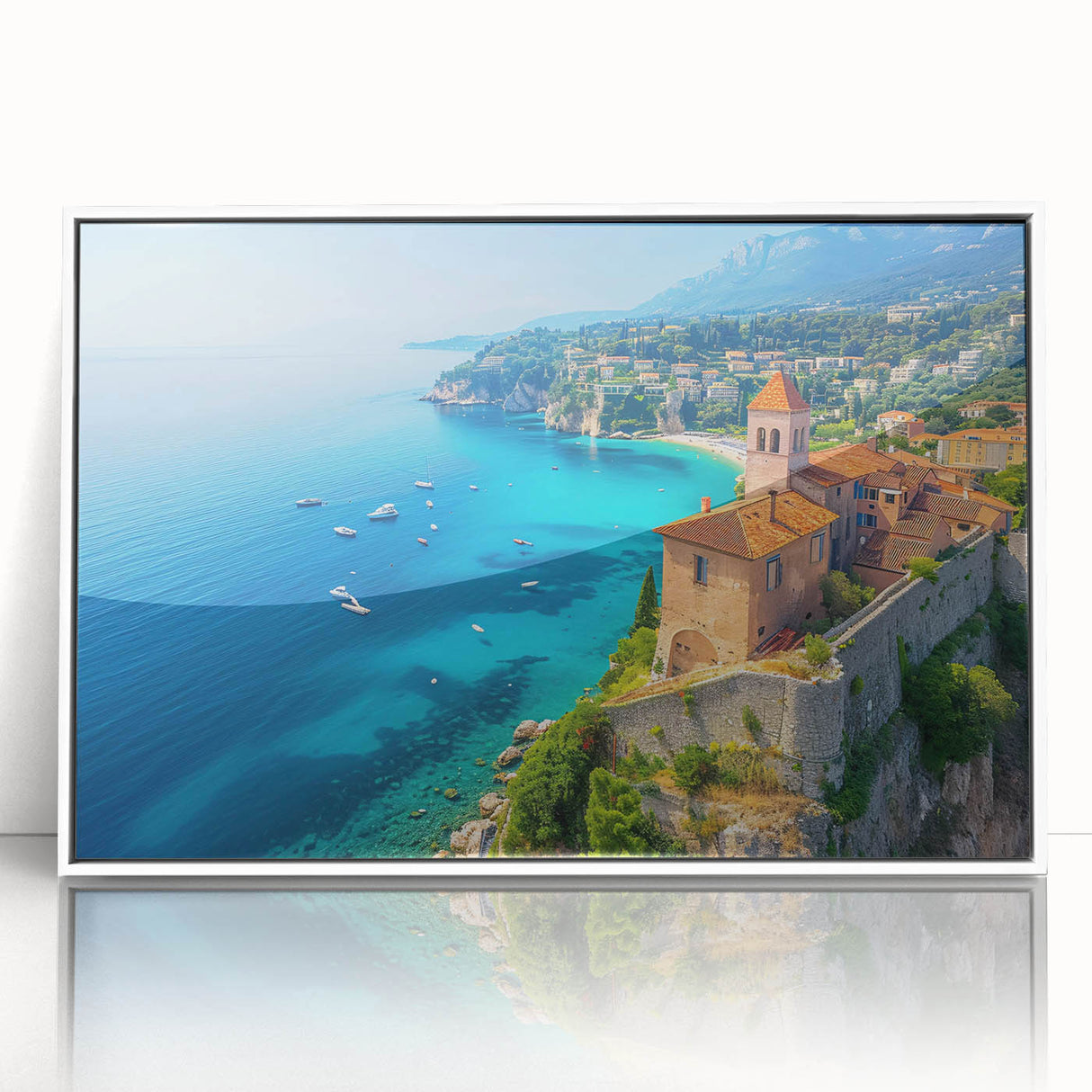 Framed acrylic wall art showcasing a serene ocean landscape with soft waves and a pastel color palette, ideal for modern home decor. Perfect focal point for coastal-themed interiors.