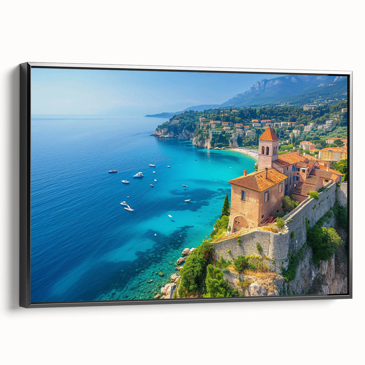 Framed canvas wall art showcasing a serene seascape design, featuring vibrant blues and gentle waves, presented in a sleek black frame for an elegant finish.