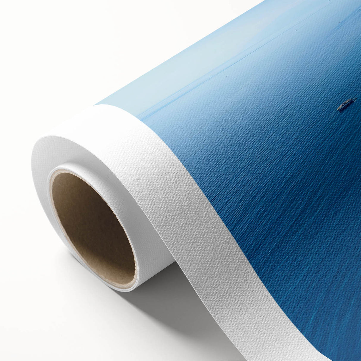 Vibrant rolled canvas artwork showcasing a serene seascape design with soft blue and green hues, perfect for coastal home decor aesthetics.