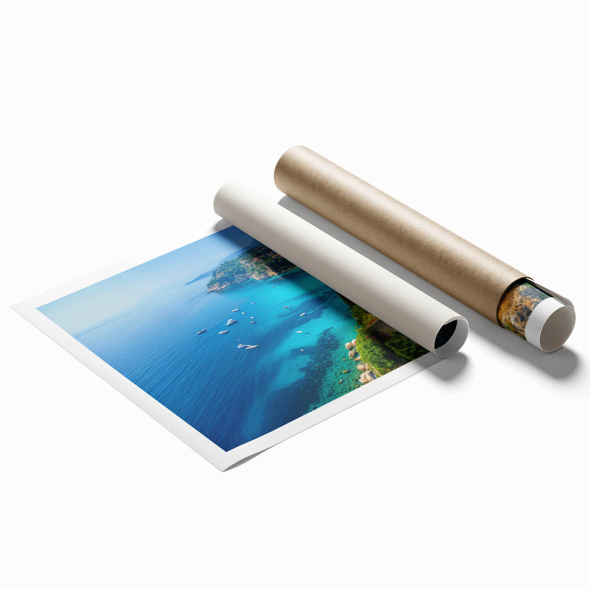 Rolled print of a tranquil seascape design, showcasing soft blues and gentle waves, ideal for coastal home decor. Packaged securely for safe delivery.