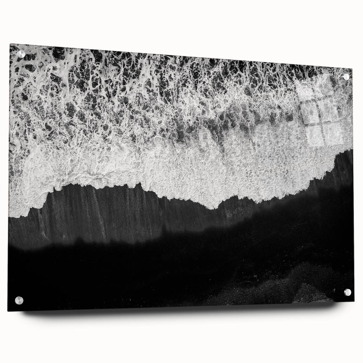 Acrylic glass wall art collection featuring a vibrant seascape design, displayed in a side view with decorative pins, showcasing rich colors and intricate details. Perfect for enhancing coastal-themed interiors.