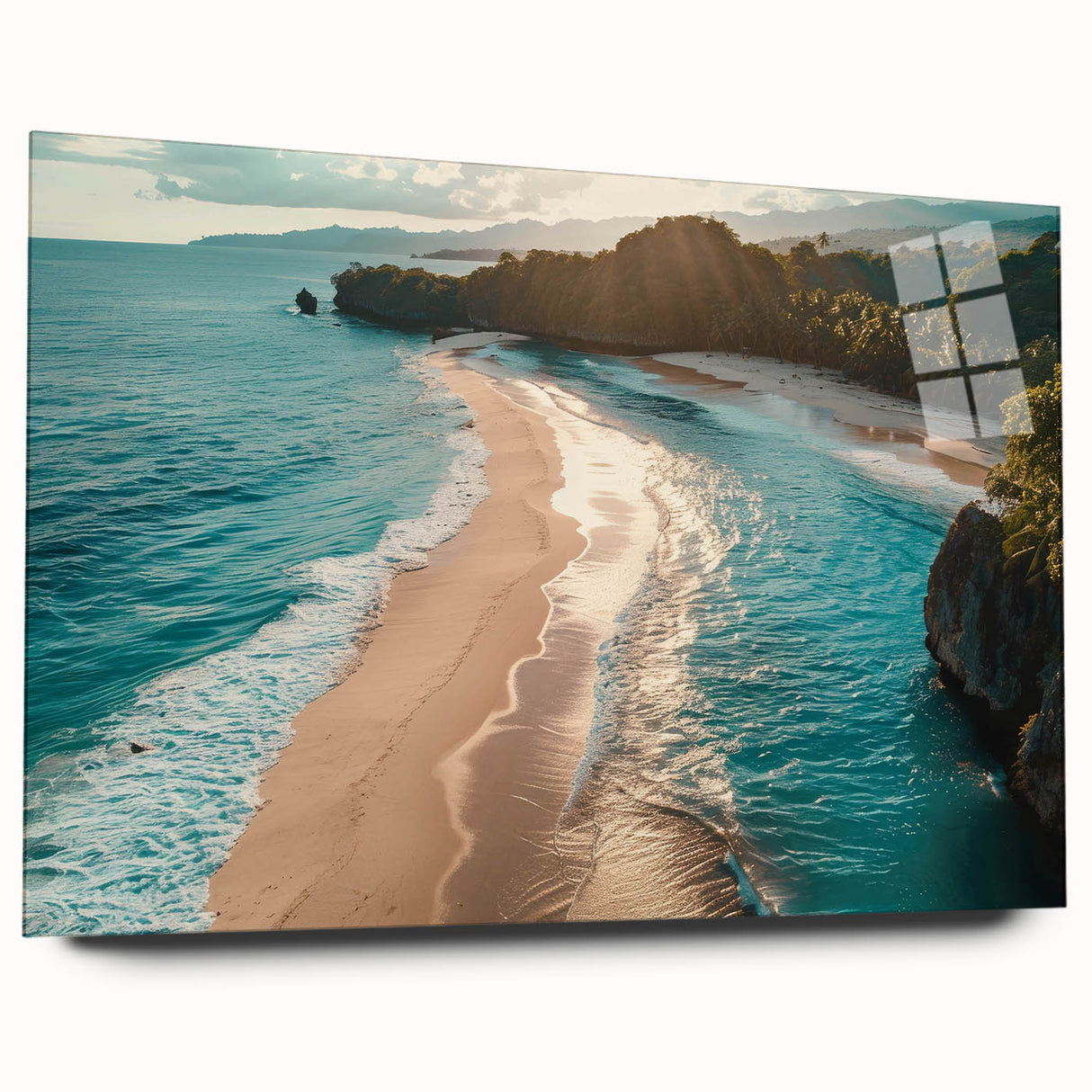 Side view of a vibrant acrylic wall art piece showcasing a serene seascape design, featuring calming blue and green hues, perfect for home decor.