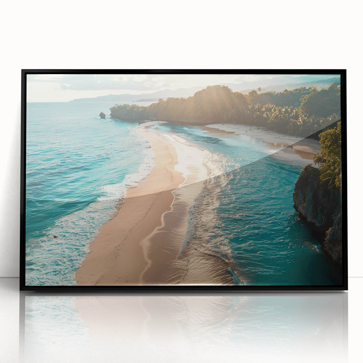Framed acrylic wall art featuring a serene seascape design, with vivid colors and intricate details, displayed against a sleek black frame, perfect for home decor.