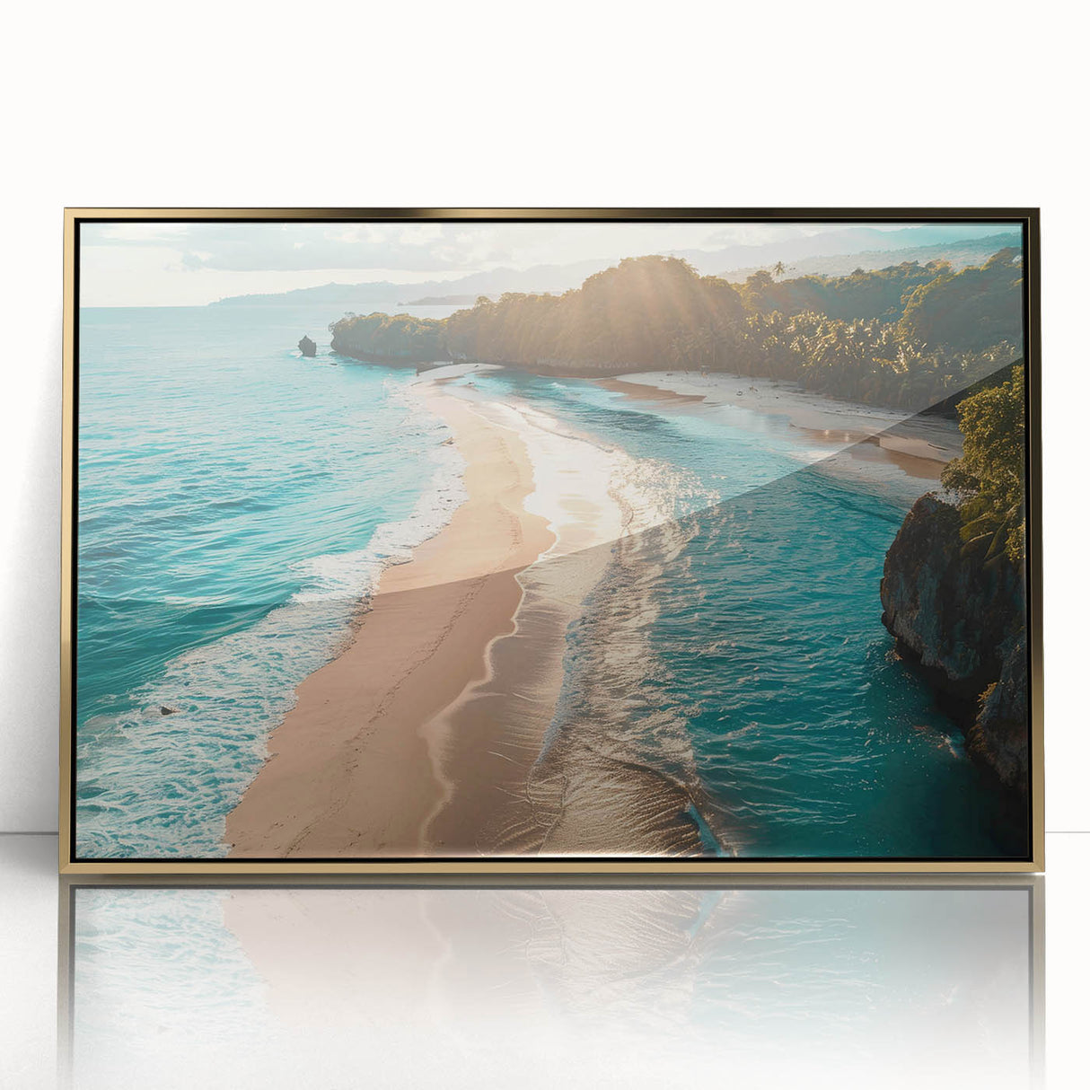 Framed acrylic wall art showcasing an elegant seascape design with gold accents, perfect for modern home decor. Ideal for adding a coastal touch to any room.