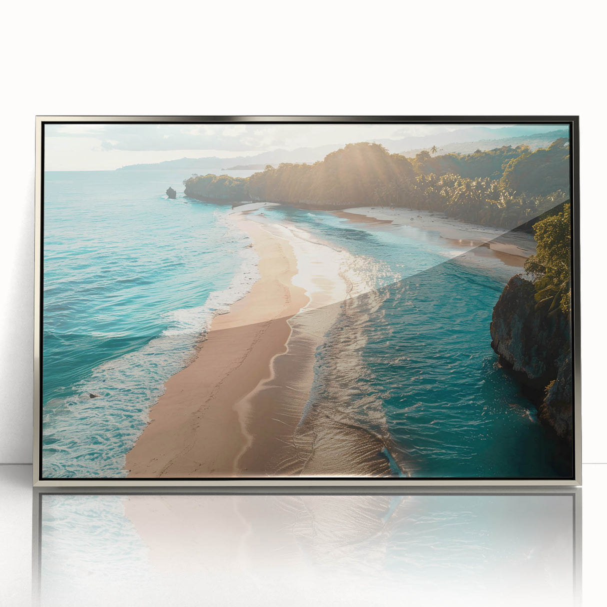 Framed wall art featuring a serene landscape with seascapes design, showcased in a sleek silver frame, perfect for enhancing modern interior decor.
