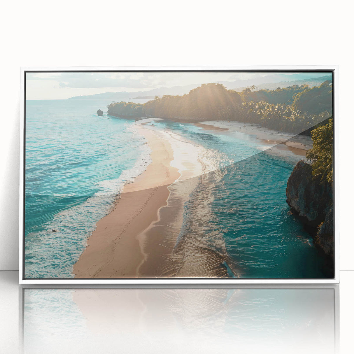Framed acrylic wall art showcasing vibrant seascape design with calming blues and whites, perfect for enhancing coastal-themed interiors. Ideal for home decoration.