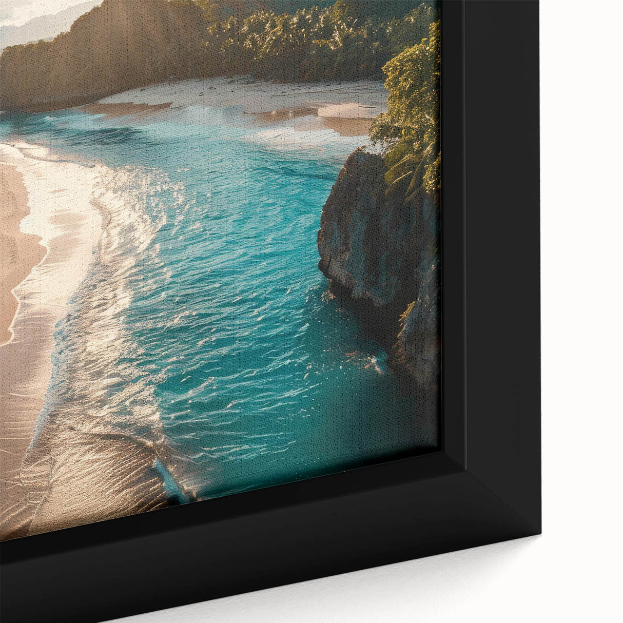 Framed canvas wall art showcasing a vibrant seascape design with rich blues and greens, perfect for coastal home decor. Ideal for enhancing living spaces with artistic flair.