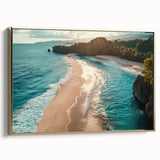 Framed canvas wall art from the Landscapes & Seascapes Collection, showcasing a serene coastal view with vibrant colors and a gold frame, perfect for home decor.