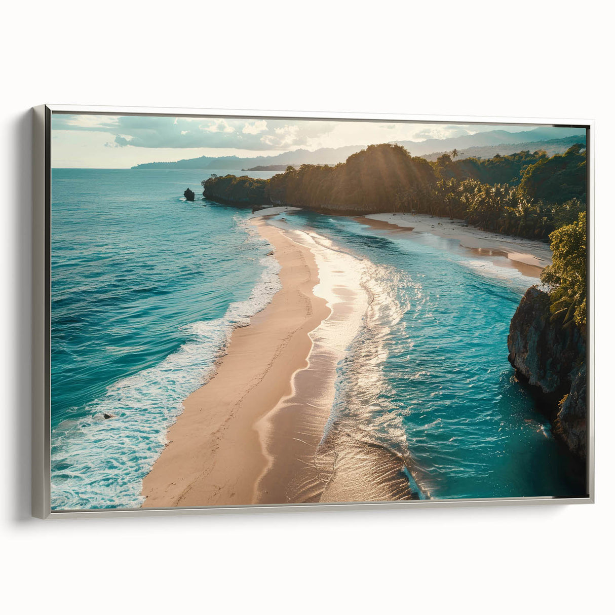 Framed canvas wall art from the Landscapes & Seascapes collection showcasing a serene ocean view with silver accents. Ideal for enhancing modern home decor.