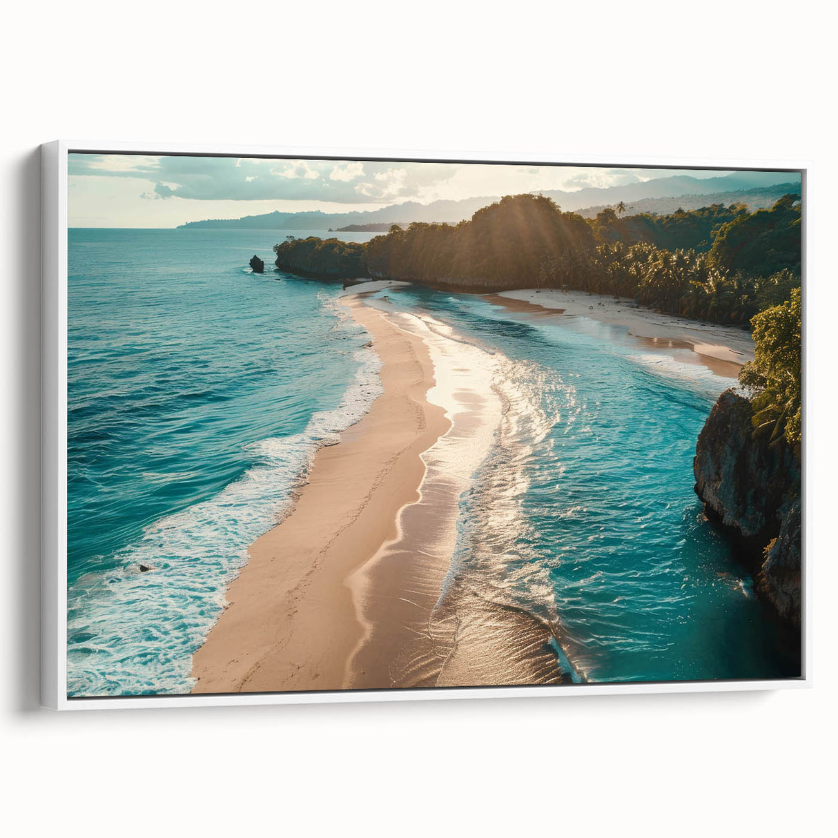 Framed canvas wall art from the Landscapes & Seascapes collection, showcasing a serene coastal scene with vibrant colors, displayed in a modern white frame. Perfect for enhancing home decor.