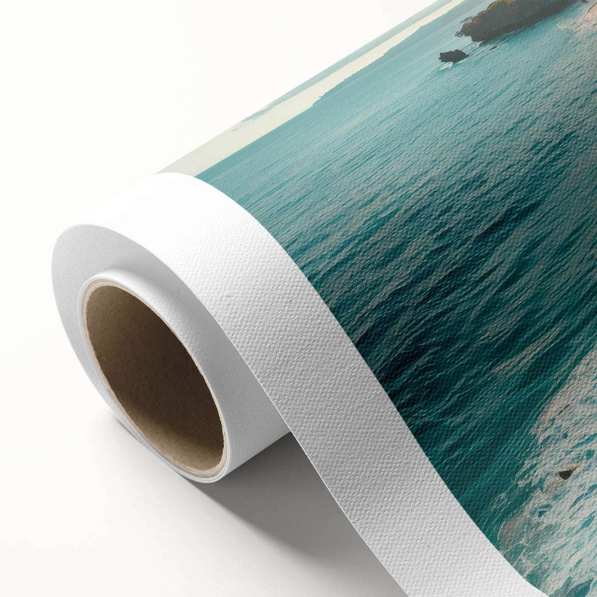 Rolled canvas print showcasing a serene seascape with vibrant blues and greens, designed for wall art enthusiasts, elegantly packaged in a protective tube.