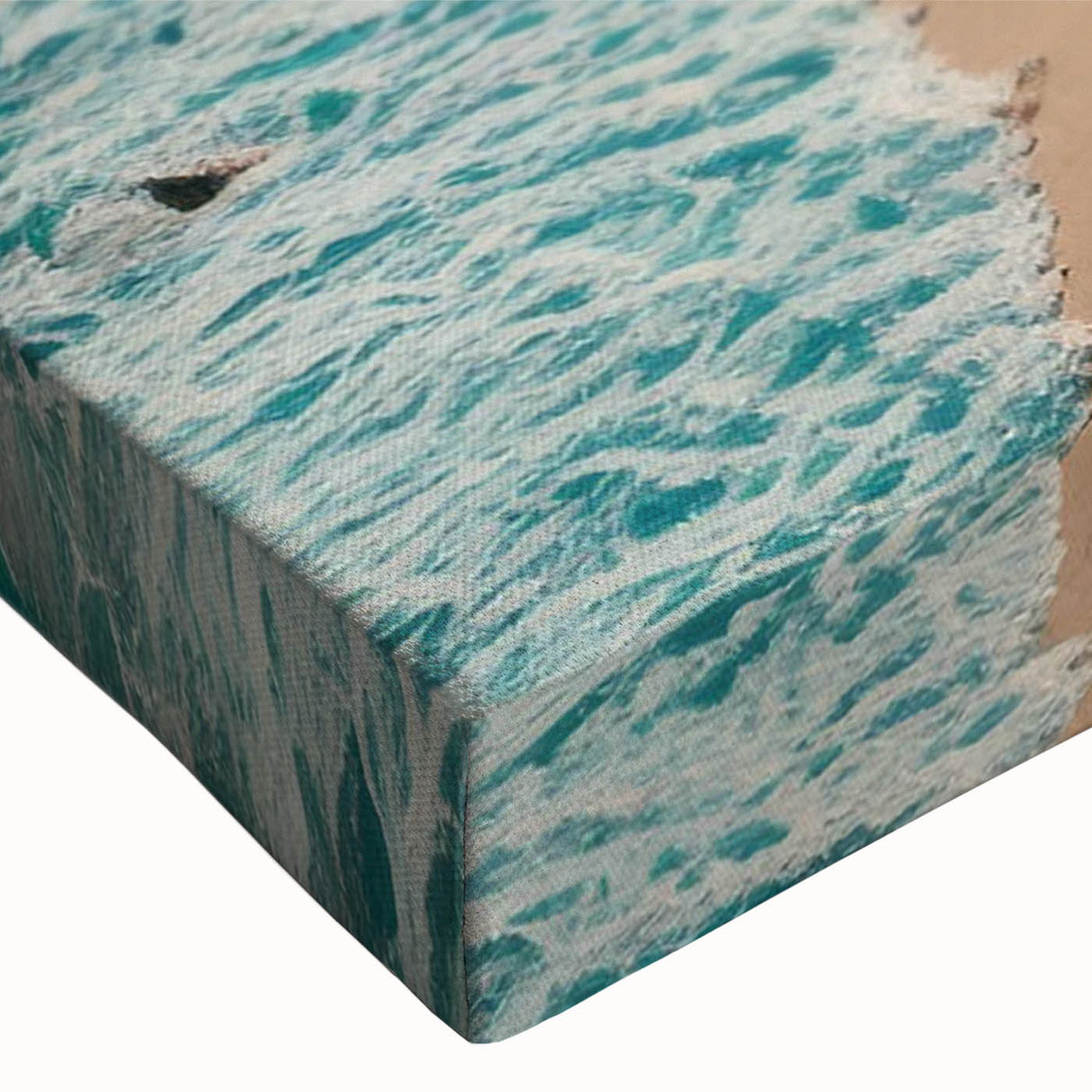 Close-up of a vibrant seascape wall art canvas, showcasing rich blues and greens with textured brushstrokes, perfect for coastal home decor.
