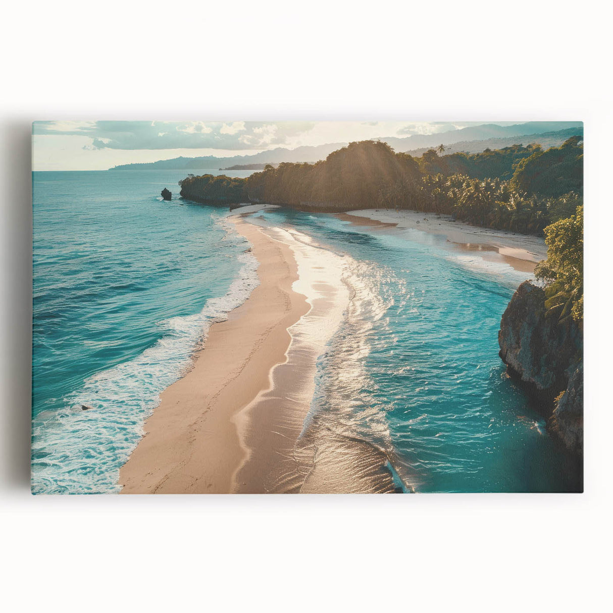 Stretched canvas artwork featuring a vibrant seascape design, showcasing waves crashing against rocky cliffs under a blue sky, ideal for coastal home decor.