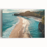 Stretched canvas artwork featuring a vibrant seascape design, showcasing waves crashing against rocky cliffs under a blue sky, ideal for coastal home decor.