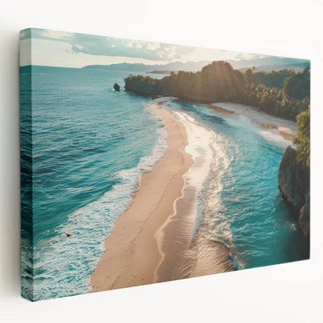 Stretched canvas artwork showcasing a vibrant seascape design, highlighting rich blues and greens, perfect for coastal-themed decor in modern homes.