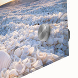 Close-up of a vibrant acrylic glass wall art piece showcasing a serene seascape design, featuring calming blue hues and intricate details, perfect for coastal decor.