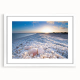 Framed wall art collection showcasing serene seascapes and landscapes, featuring a white mat and sleek frame, perfect for modern home decor.