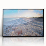 Framed acrylic wall art collection showcasing a serene seascape design, featuring calming blue and green hues, presented in a sleek black frame for modern decor. Ideal for coastal-themed interiors.