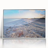 Framed acrylic wall art showcasing a serene seascape design with soft blues and whites, perfect for coastal-themed home decor. Ideal for adding tranquility to any room.