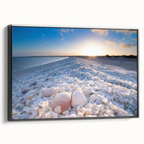 Framed canvas wall art showcasing a serene seascape design with calming blue tones and a black frame, ideal for enhancing modern home decor. Perfect for coastal-themed interiors.