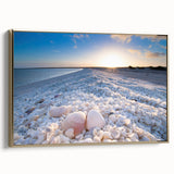 Framed wall art collection showcasing a seascape design with vibrant colors and gold accents, displayed from the side to highlight its elegant frame and texture.