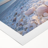 Abstract seascape design on rolled canvas showcasing vibrant blues and greens, ideal for coastal-themed décor, packaged securely in a cardboard tube.