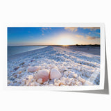 Vibrant rolled print showcasing a serene seascape design with soft blue and turquoise hues, ideal for enhancing coastal-themed interiors. This wall art collection piece is elegantly packaged for easy display.