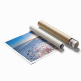 Colorful rolled print of a seascape landscape design, showcasing vibrant blues and greens, ideal for home decor or office settings. Packaged securely for delivery.