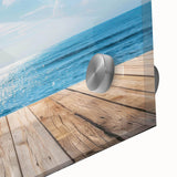 Close-up of a vibrant acrylic glass wall art piece showcasing a serene seascape design with blue and green hues, perfect for coastal decor enthusiasts.