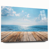 Acrylic glass wall art collection showcasing a vibrant seascape design with colorful waves and a serene sunset. Ideal for enhancing coastal-themed interiors.