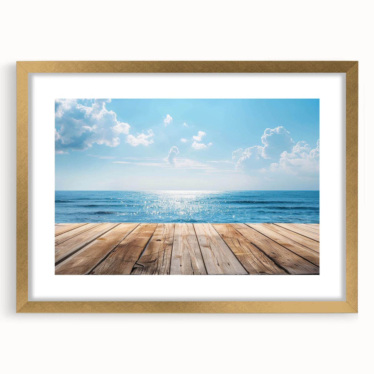 Elegant gold-framed wall art collection featuring serene landscapes and seascapes, designed with a mat for a sophisticated presentation. Perfect for home decor.