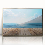 Framed acrylic wall art featuring a stunning seascape design with gold accents, showcasing tranquil ocean waves and a vibrant sunset, perfect for modern home decor.
