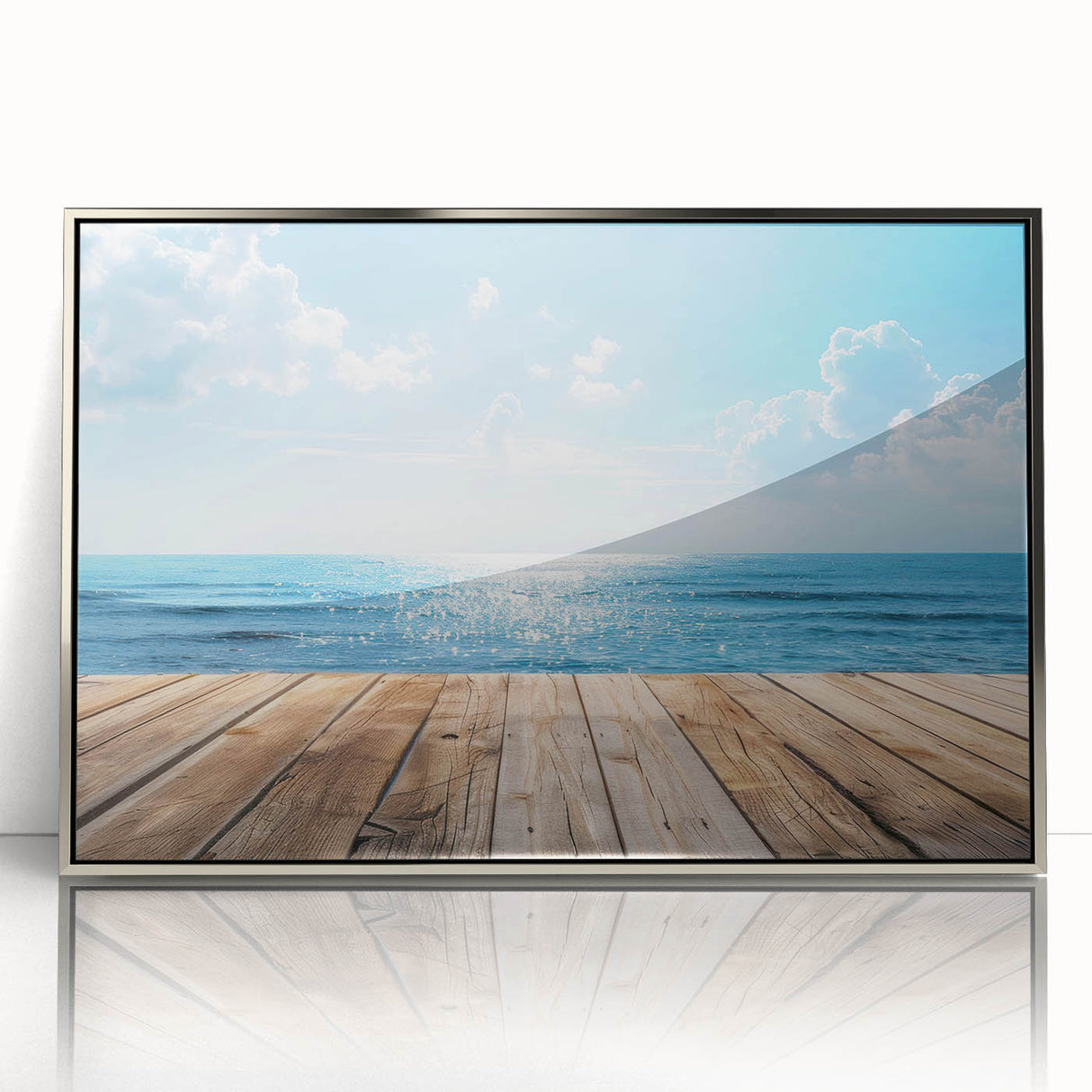Framed acrylic wall art featuring a serene seascape design with silver accents, ideal for modern home decor. The piece showcases calming ocean waves and a tranquil sky.