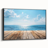 Framed canvas wall art showcasing a serene seascape design, featuring calming blue and green hues, with a sleek black frame for an elegant touch, perfect for home decor.