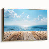 Framed canvas wall art showcasing a serene seascape design with gold accents, perfect for enhancing home decor. Ideal for coastal-themed interiors.