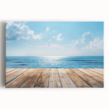 Stretched canvas artwork showcasing a vibrant seascape design, featuring rich blues and serene waves, ideal for home decor in coastal-themed interiors.