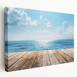 Stretched canvas wall art showcasing a vibrant seascape design, featuring rich blues and soft whites, ideal for coastal-themed home decor.