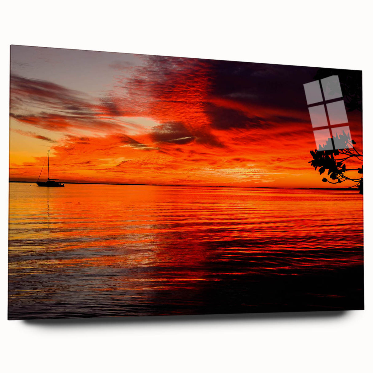 Acrylic glass wall art design showcasing a serene seascape landscape with vibrant colors, side view displayed without pins, perfect for home decor enhancement.
