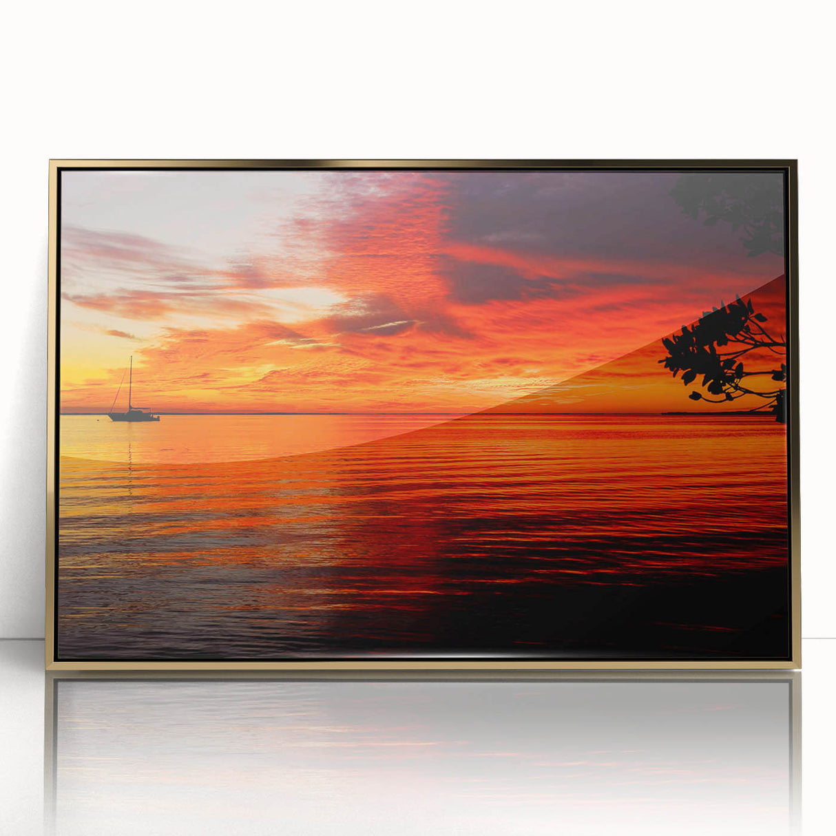 Framed wall art featuring a serene seascape design with vibrant blues and gold accents, ideal for modern decor, showcasing calming ocean waves and sky.