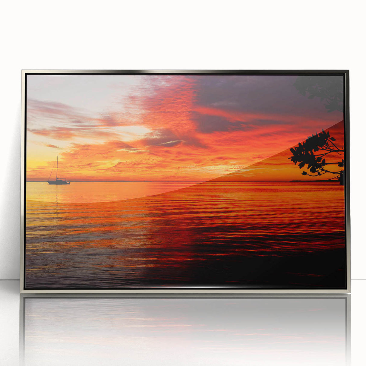 Framed acrylic wall art from the Landscapes & Seascapes Design collection, showcasing a serene coastal scene in silver tones, perfect for modern home décor.