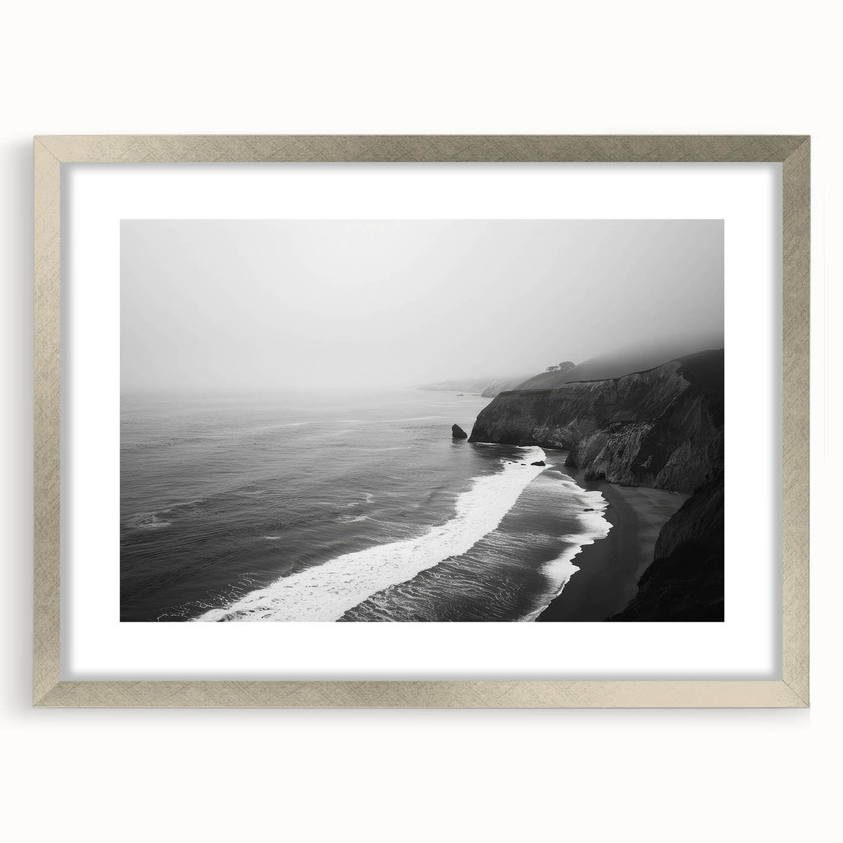Framed wall art collection showcasing a serene seascape design with a silver mat, ideal for home decor and enhancing living spaces with coastal aesthetics.