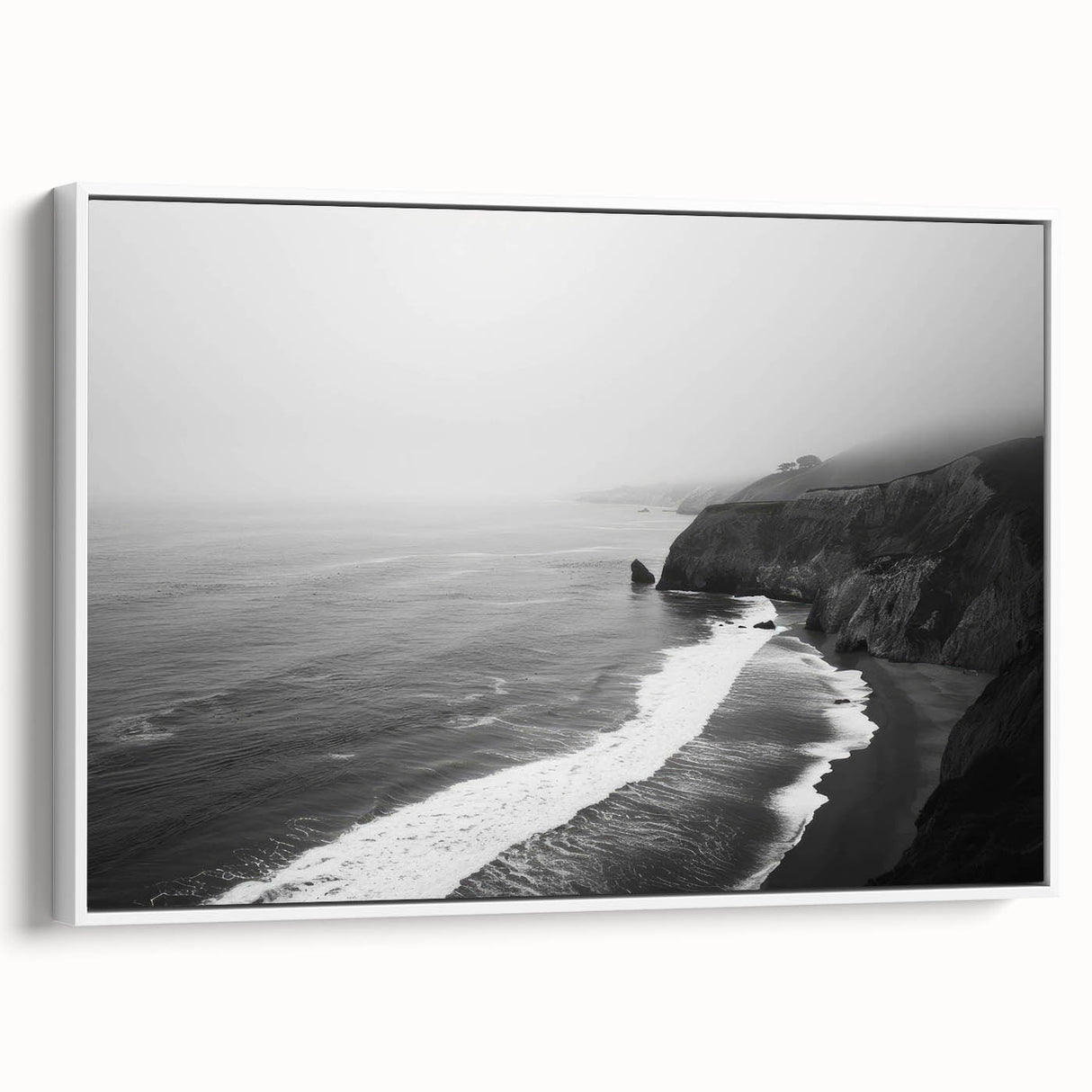 Framed canvas wall art showcasing a serene seascape design, featuring calming blue and white hues with a contemporary style, perfect for modern home decor.