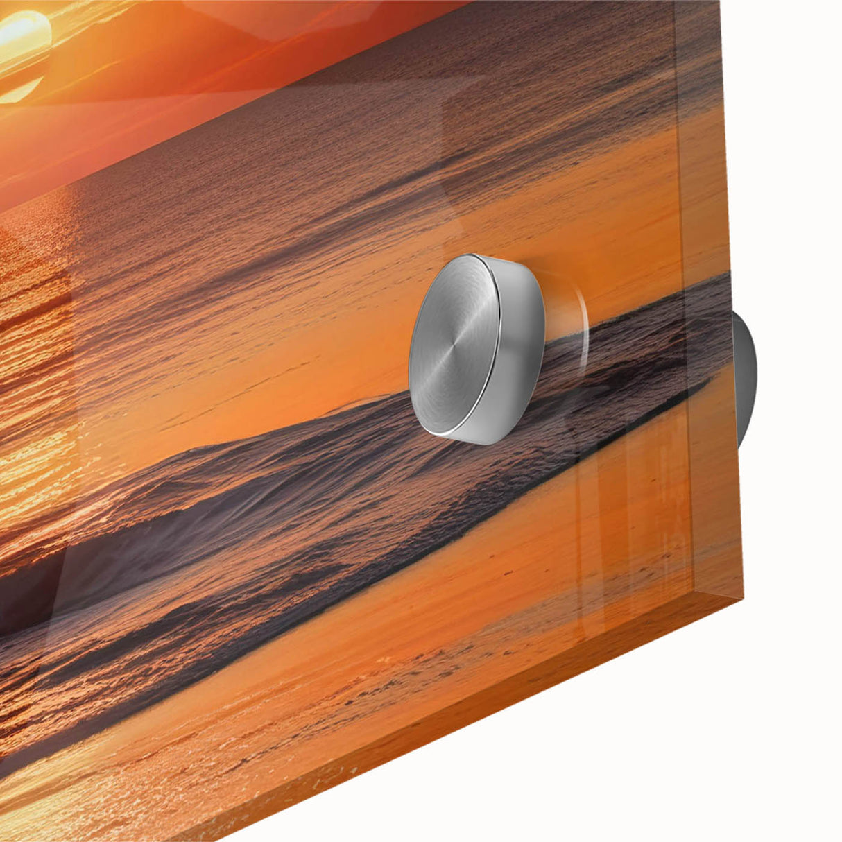 Close-up of a vibrant acrylic glass wall art piece showcasing a serene seascape design, featuring calming blues and greens, perfect for enhancing home decor.