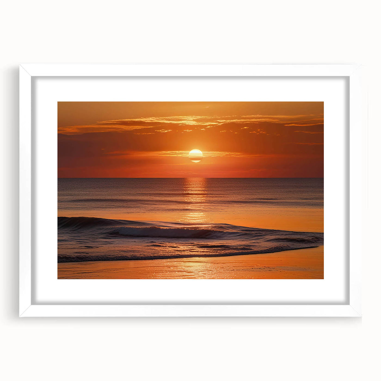 Framed wall art piece showcasing a serene seascape design with calming blue and white hues, elegantly matted in a sleek white frame, perfect for coastal decor.