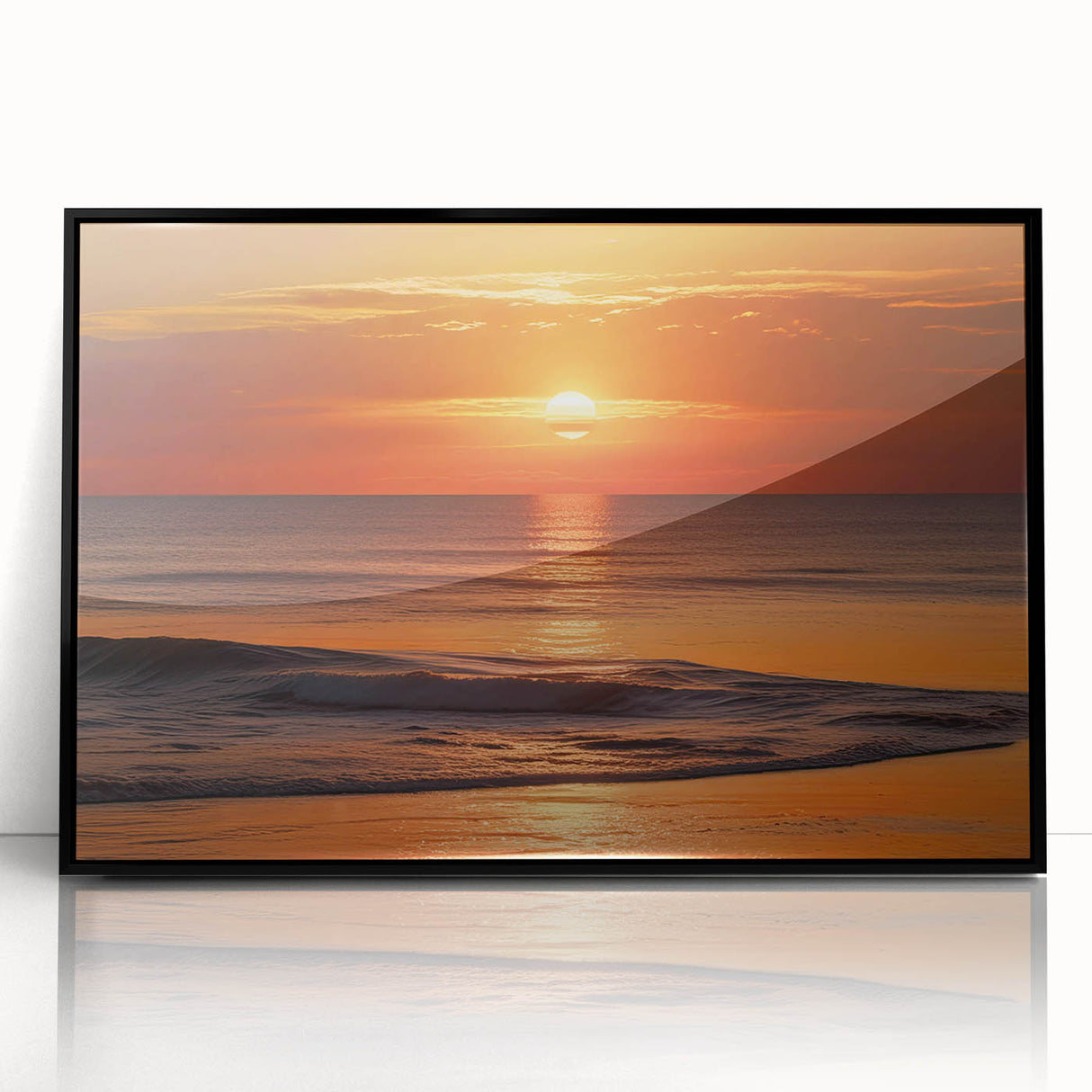 Framed acrylic wall art of a serene seascape design, featuring calming blue and green hues, displayed against a sleek black frame, ideal for home decor.