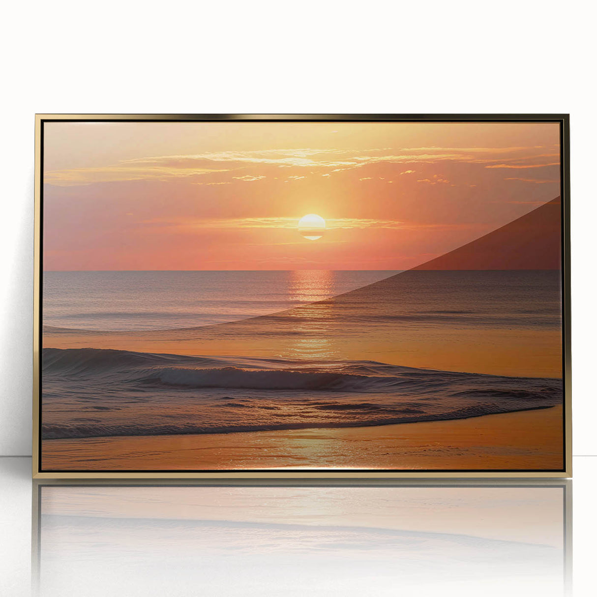 Framed acrylic wall art showcasing a stunning seascape design with gold accents, perfect for modern home decor, enhancing aesthetic appeal and ambiance.