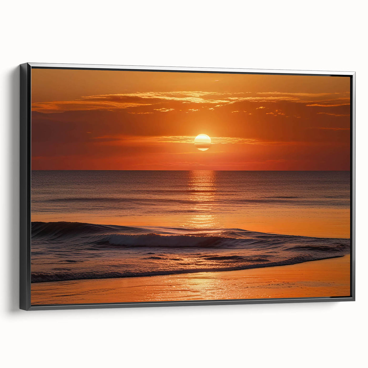 Framed canvas wall art showcasing a vibrant seascape design, with black framing and a side view perspective, perfect for enhancing modern home decor.