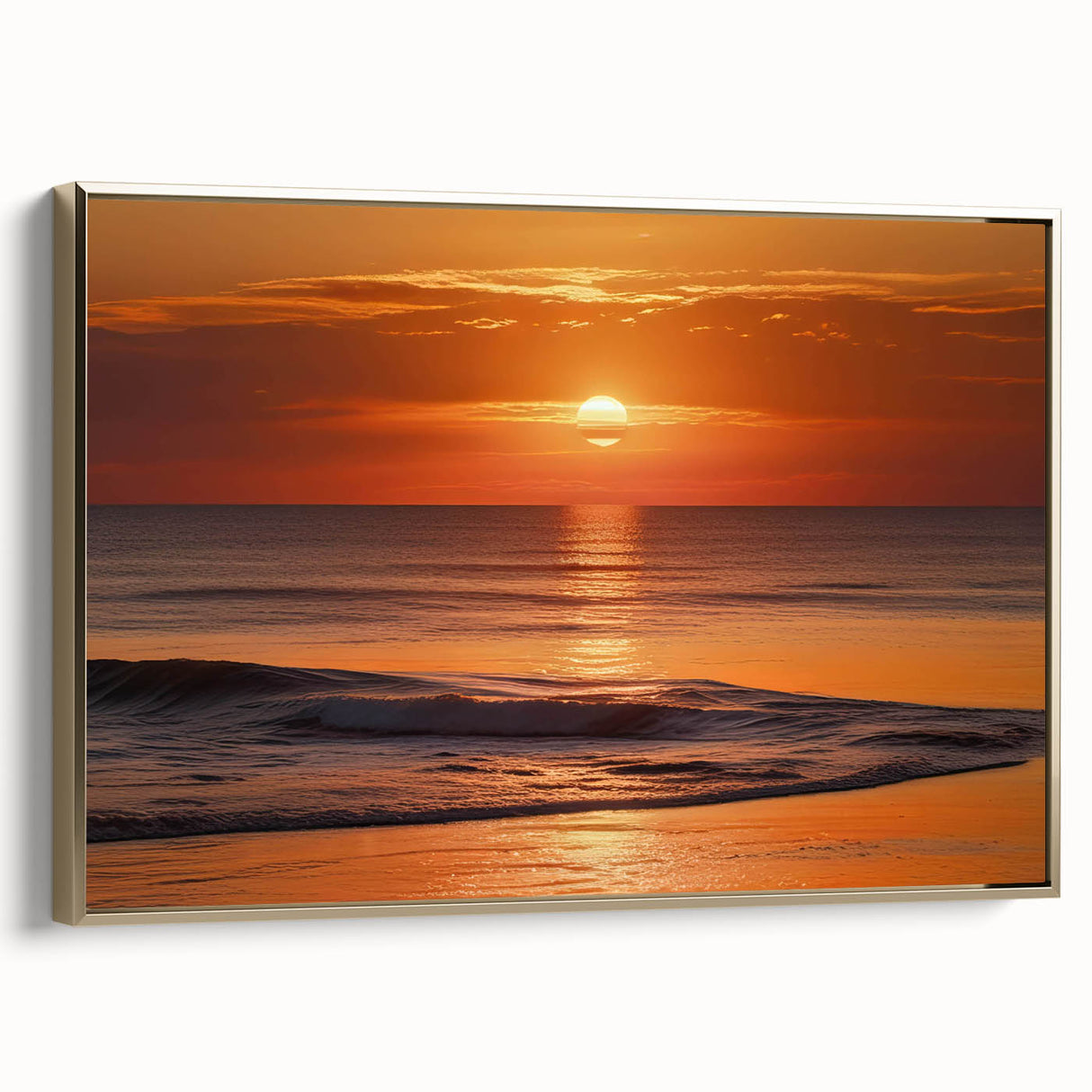 Framed canvas wall art from the Landscapes Seascapes Design 54 collection, showcasing a vibrant coastal scene with gold accents, elegantly displayed from the side.
