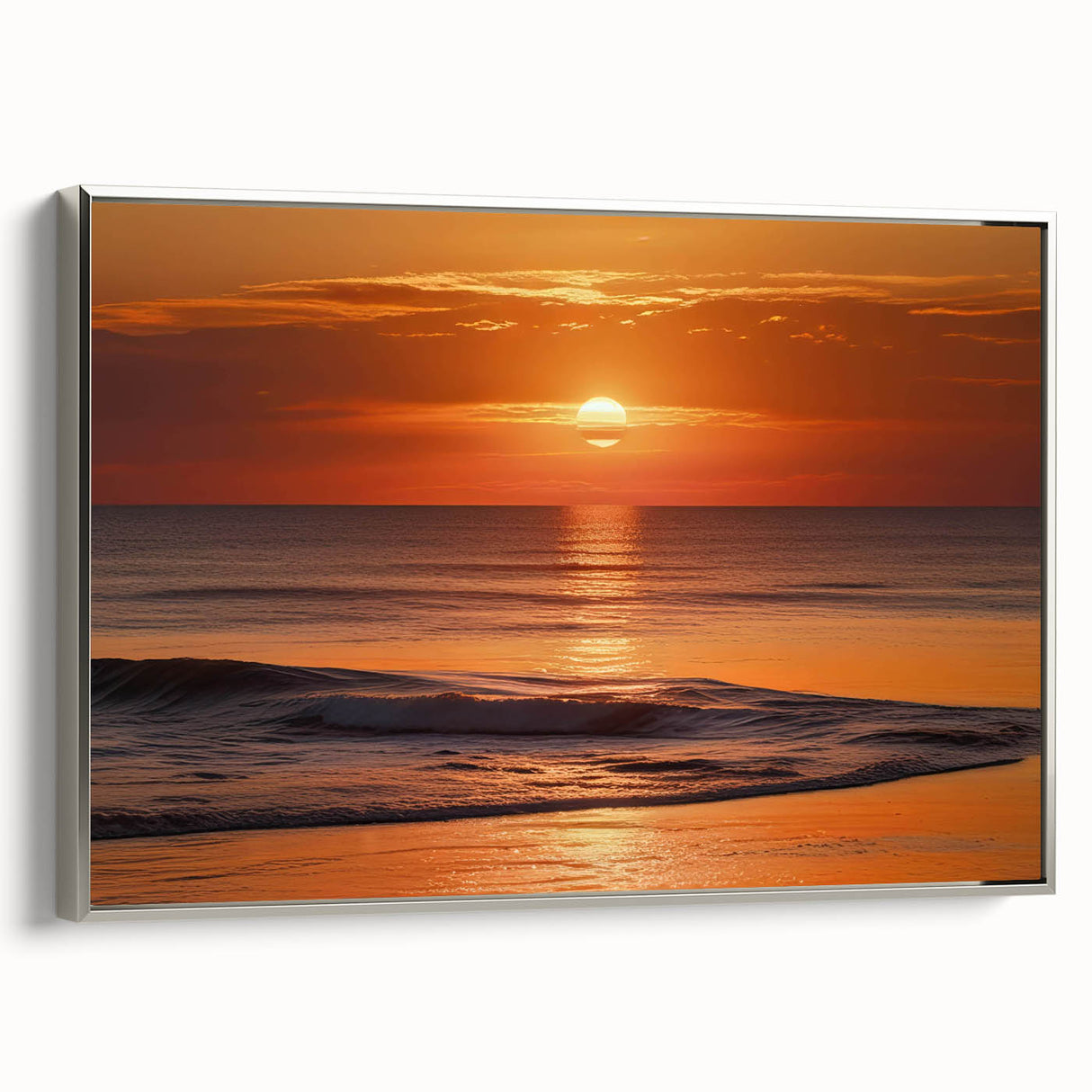 Framed wall art featuring a serene seascape design with calming blue tones, elegantly bordered in silver, ideal for enhancing modern home decor.