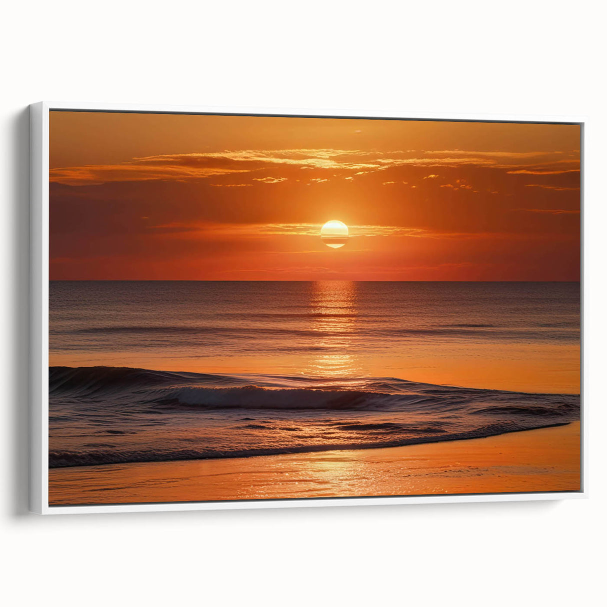 Framed canvas wall art showcasing a serene seascape design with soft blue and white hues, ideal for coastal decor. The artwork's elegant white frame enhances its aesthetic appeal, making it a perfect addition to living rooms or bedrooms.